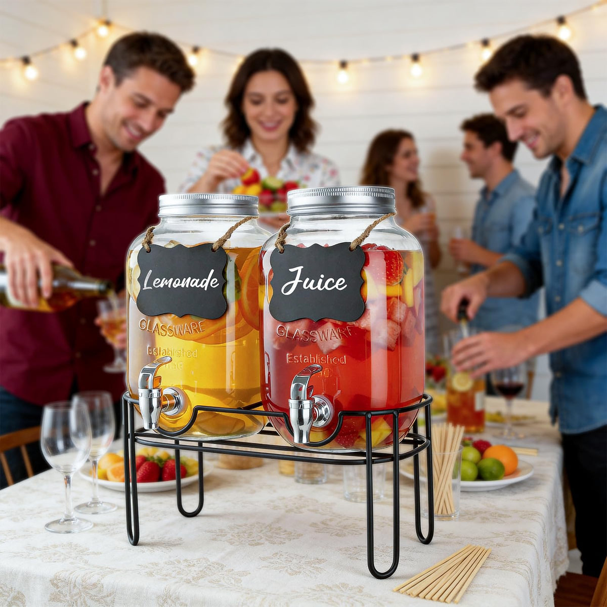 1 Gallon Glass Drink Dispensers For Parties, 2 Pack Beverage Dispenser,Lemonade Dispenser With Fruit Infuser And Stand For BBQ, Picnic, Party,Sun Tea