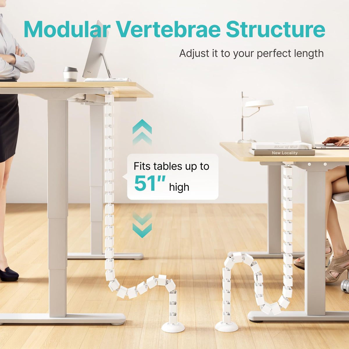 PEGZONE Under Desk Cable Management Spine – Flexible Cable Snake Organizer for Standing Desk, Tool-Free Magnetic Vertebrae Wire Management for 0.4"-2" Table, White