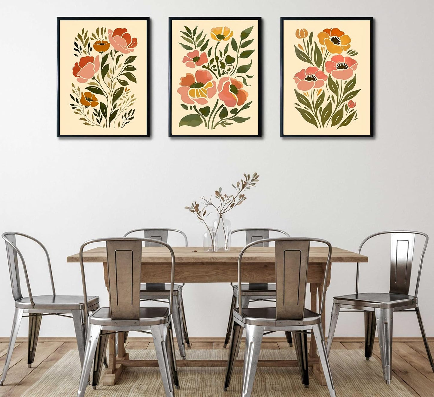 SFXYRTAH 3Pcs Boho Floral Wall Art Abstract Botanical Flower Posters Neutral Beige Green Minimalist Plant Prints for Living Room Bedroom Office Home Decor Unframed (12x16in posters)