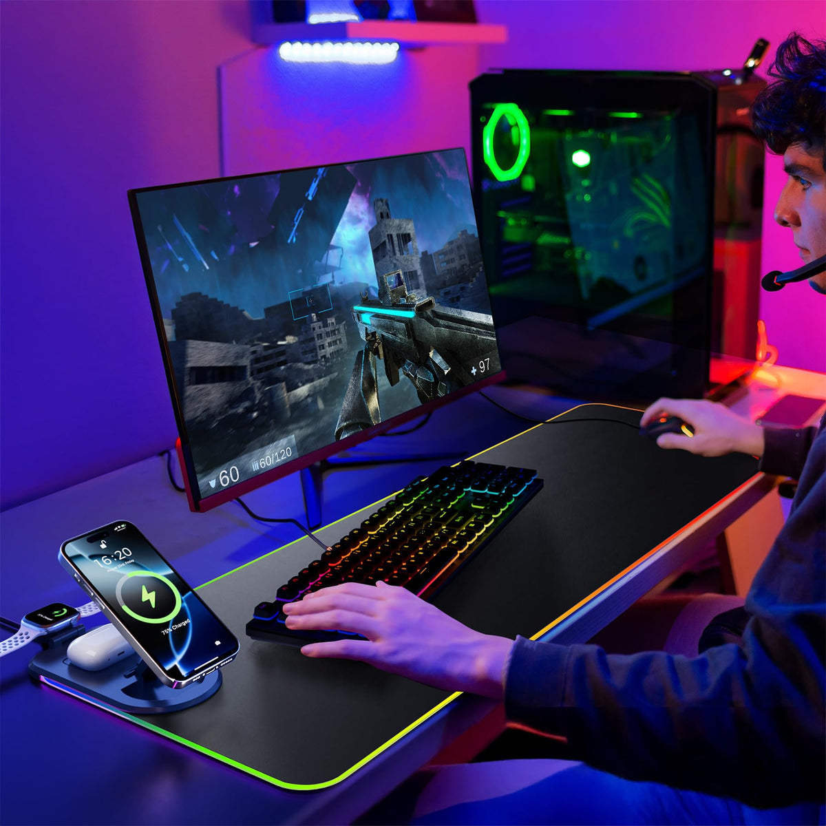 HAUTOCO Wireless Charging Mouse Pad 15W RGB Gaming Mousepad Waterproof Desk Mat with Phone Holder 35.4''x11.8'' Extra Large Desk Pad Non-Slip Base Computer Keyboard Mat for PC Laptop, Black