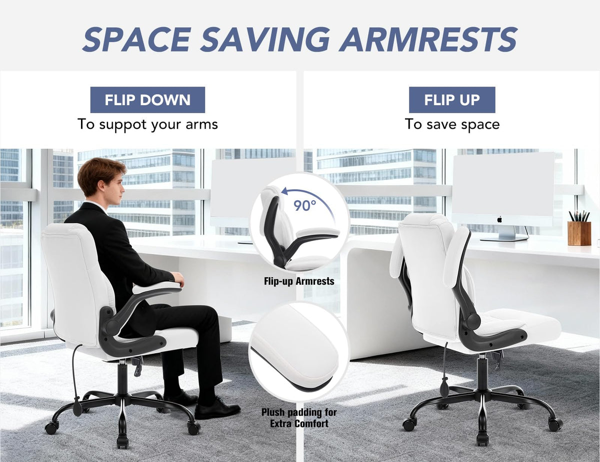Office Chair with Adjustable Inflatable Lumbar Support,Leather Ergonomic Computer Desk Chair with Flip-up Arms,Adjustable Tilt Lock,Swivel Rolling Executive PC Chair for Work,Study,Meeting.White