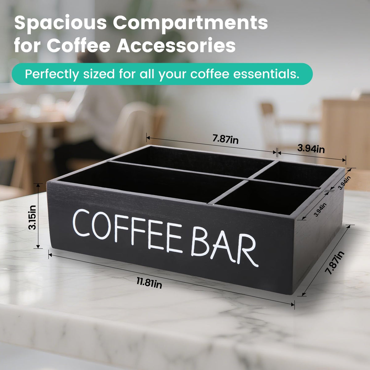 SLLPL Coffee Bar Organizer – Wooden Coffee Station with 4 Compartments, Removable Dividers, and Condiment Storage for Home & Office