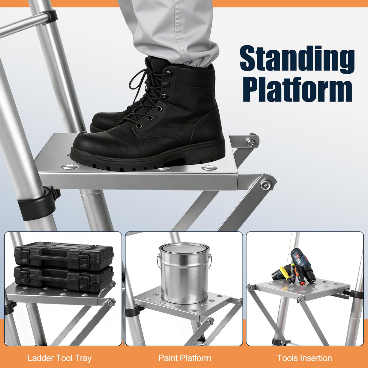 Innvist Ladder Platform for Standing, Extension Ladder Work Platform, Foldable Anti-Slip Ladder Platform Accessory for Paint and Tool, Ladder Step Attachment Project Tray, Alloy Steel Holds 400lbs