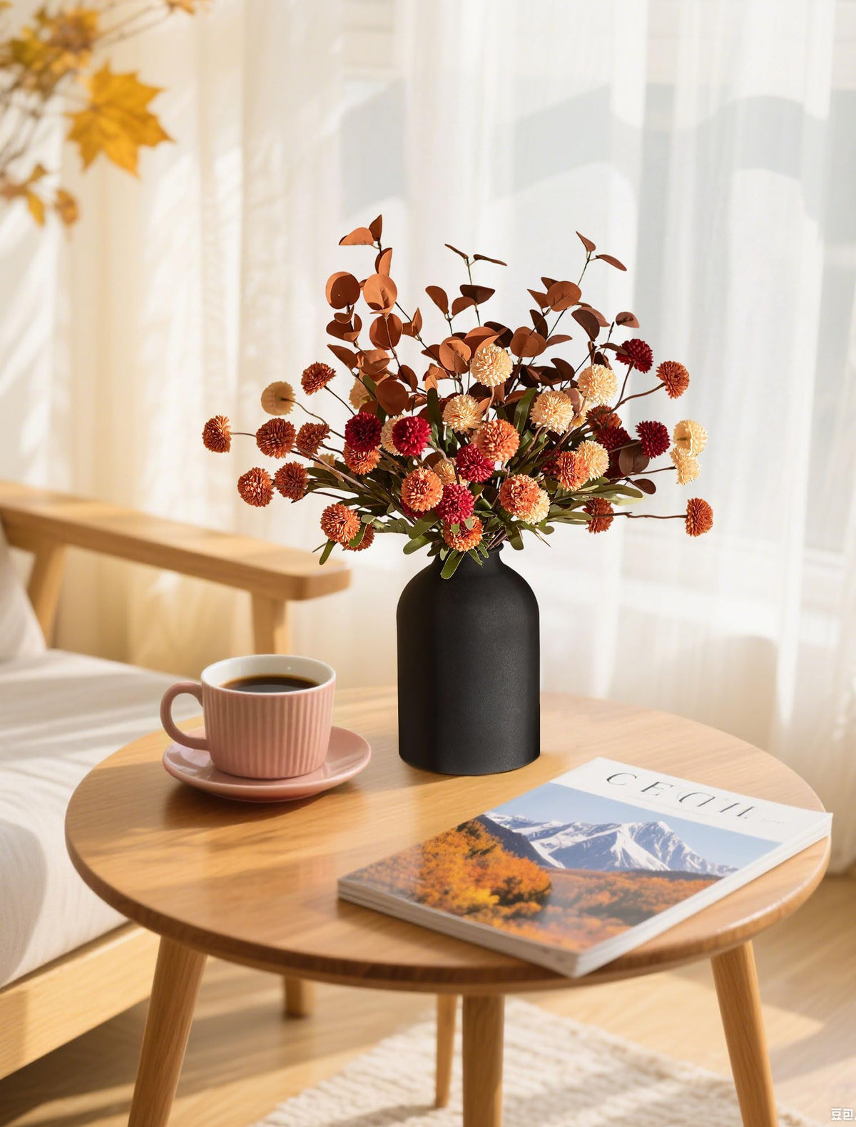 BLOSMON Flower Centerpiece Table Decorations: Metal Vase with 12 Stems of Fake Mums Kiku Flowers Eucalyptuses for Home Dining Room - Burnt Orange Artificial Pom Poms Floral Arrangement in Vase
