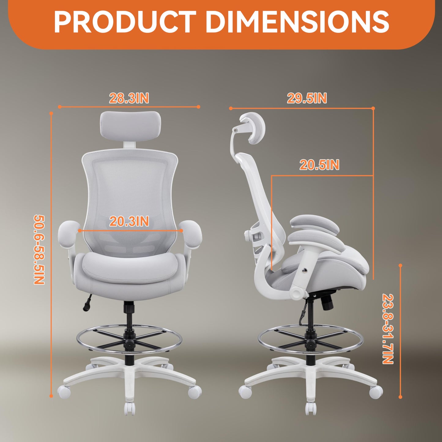 BOLISS Ergonomic Drafting Chair High Back Tall Office Chair for Standing Desk with Double-Layer Seat Cushion, Adjustable Headrest & Lumbar Support, Flip-Up Arms, and Metal Foot Ring (Grey)