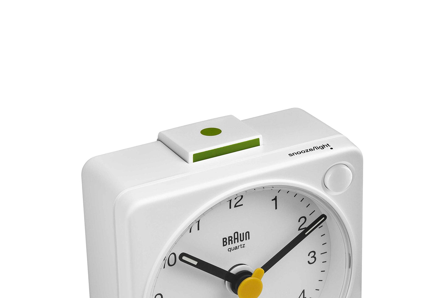 Braun Classic Travel Analogue Alarm Clock with Snooze and Light, Compact Size, Quiet Quartz Movement, Crescendo Beep Alarm in White, Model BC02XW.