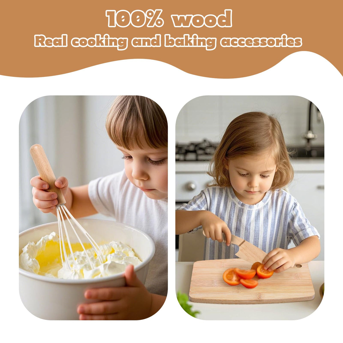 IHFAIO Kids Knife Set for Real Cooking, 8 PCs Kids Cooking Sets for Little Chef, Nature Wood Utensil