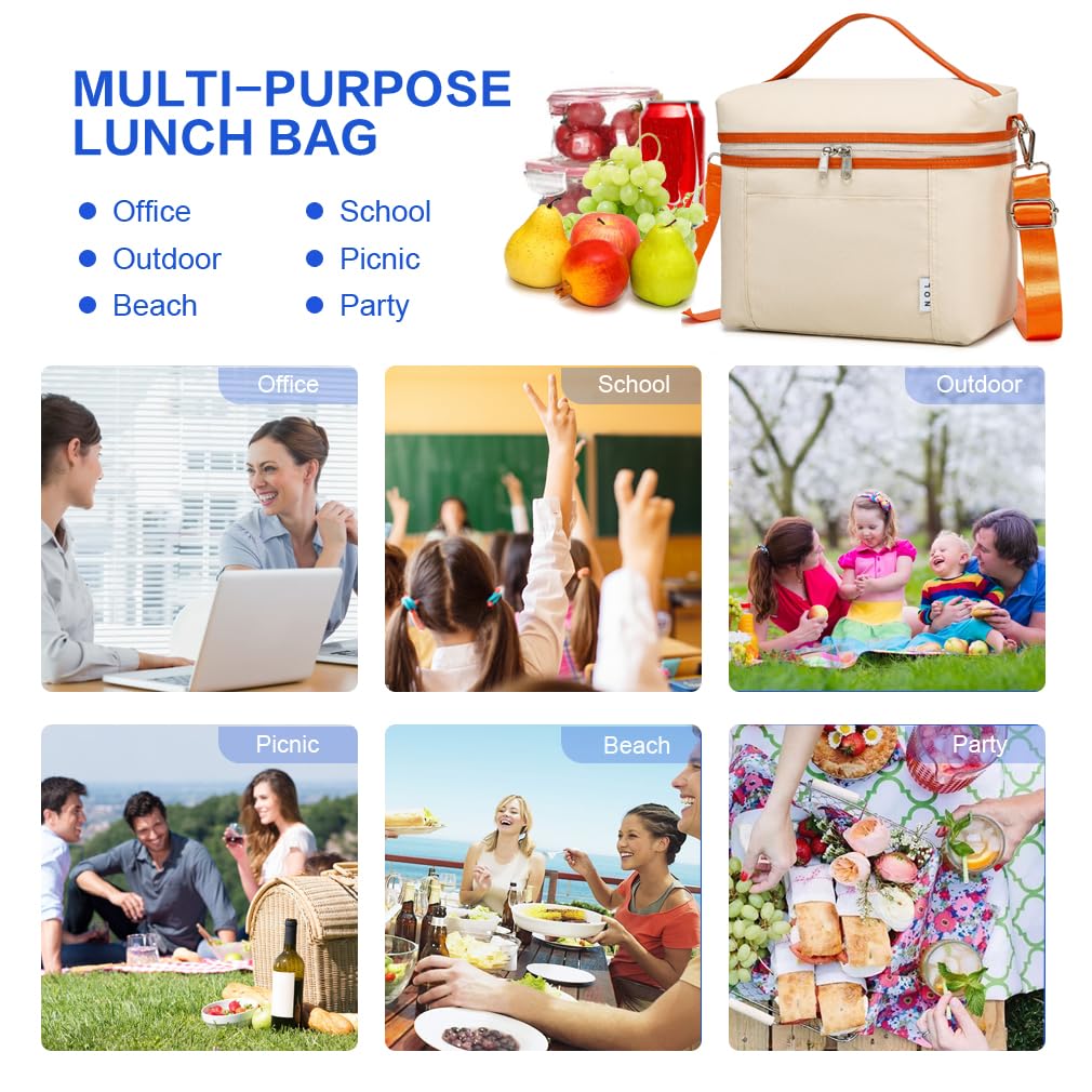 NOL Insulated Lunch Bags for Women Cooler Bag Lightweight Nylon Waterproof Lunch Box For Work (Medium(normal), Cream/orange)