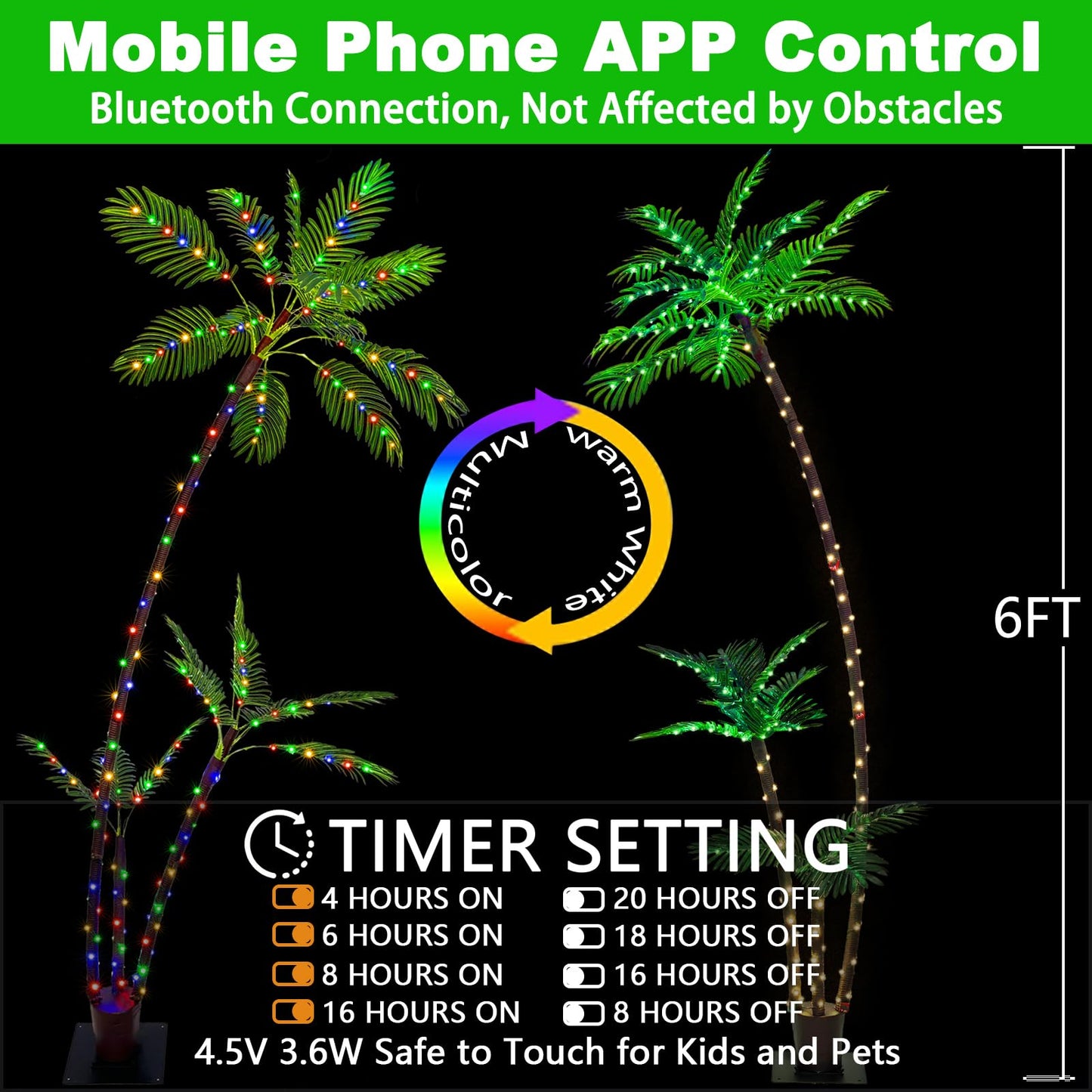SOSHOT 6FT Lighted Artificial Palm Tree with Three Trunks and 212 LED Lights with Remote Control and App Waterproof for Tiki Bars, Patios,Beaches,Yards Pool, Cruise Party-Warm White to Multicolor