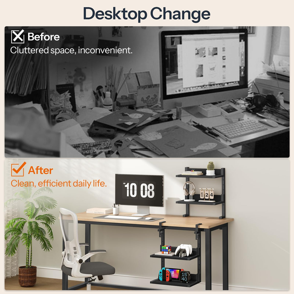 HOOBRO Clamp On Desk Shelf, 2-Tier Desktop Organizer, Space-Saving Desk Shelf with Adjustable Shelves, for Office, Study, Entertainment Accessories, Black BK32SJ01