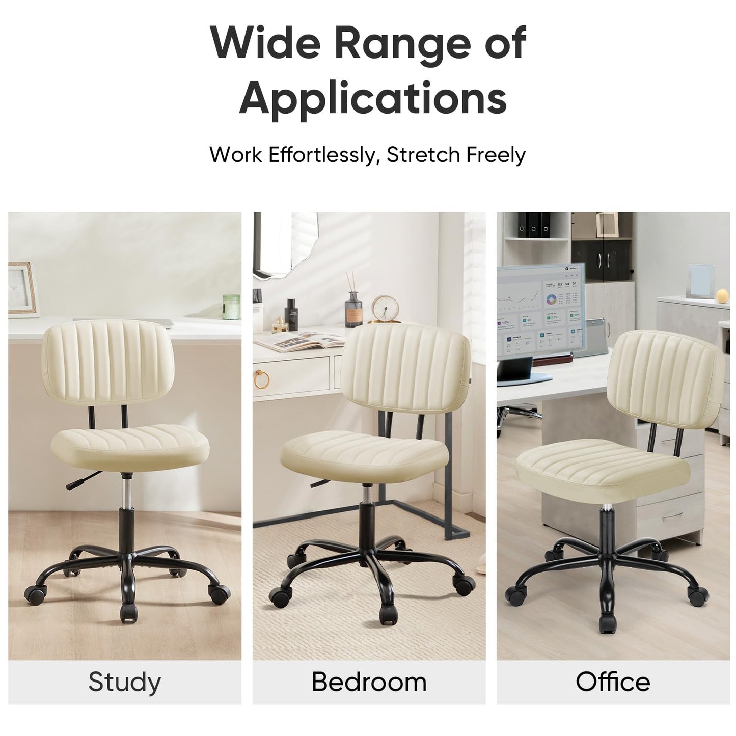 DUMOS Small Office Desk Chair - Armless PU Leather with Comfy Lumbar Support, Height Adjustable Rolling Swivel Task for No Arms, for Adult, Student, Bedroom, Home, Vanity, Beige White