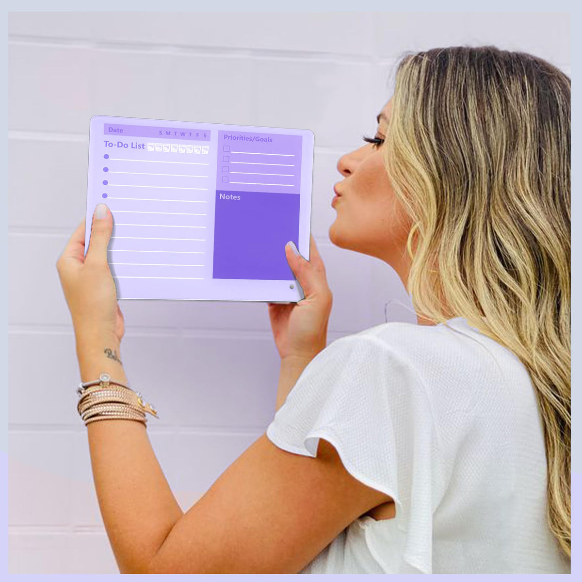Desktop Thick Acrylic Dry Erase Board to Do Planning Board, 12" x 10", Desktop White Board with Stand, Frameless Purple Dry Erase White Board for Office/Home/School