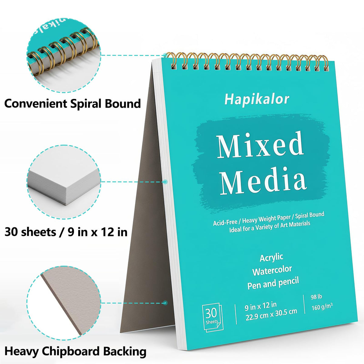Sketch Book Mixed Media Pad - 9" x 12" Top Spiral Bound Sketch Pad, 30 Sheets 98lb/160gsm Acid-Free Drawing Paper, Art Supplies Sketchbook for Drawing, Sketching