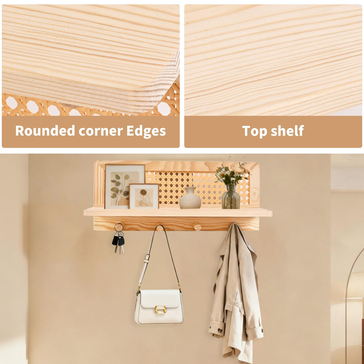ZELURA Rattan Wall Shelf with Hooks, Boho Entryway Organizer, Floating Storage