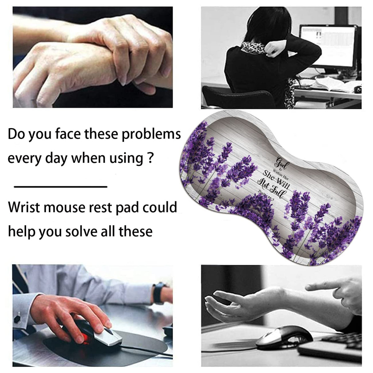 Large Gaming Mouse Pad 31.5x11.8 Inch Keyboard Pad + Ergonomic Wrist Rest Pad and Coaster with Non-Slip 3-Piece Desk Supplies Set, Bible Psalm 46:5 Lavender Design for Gamers/Office/Study