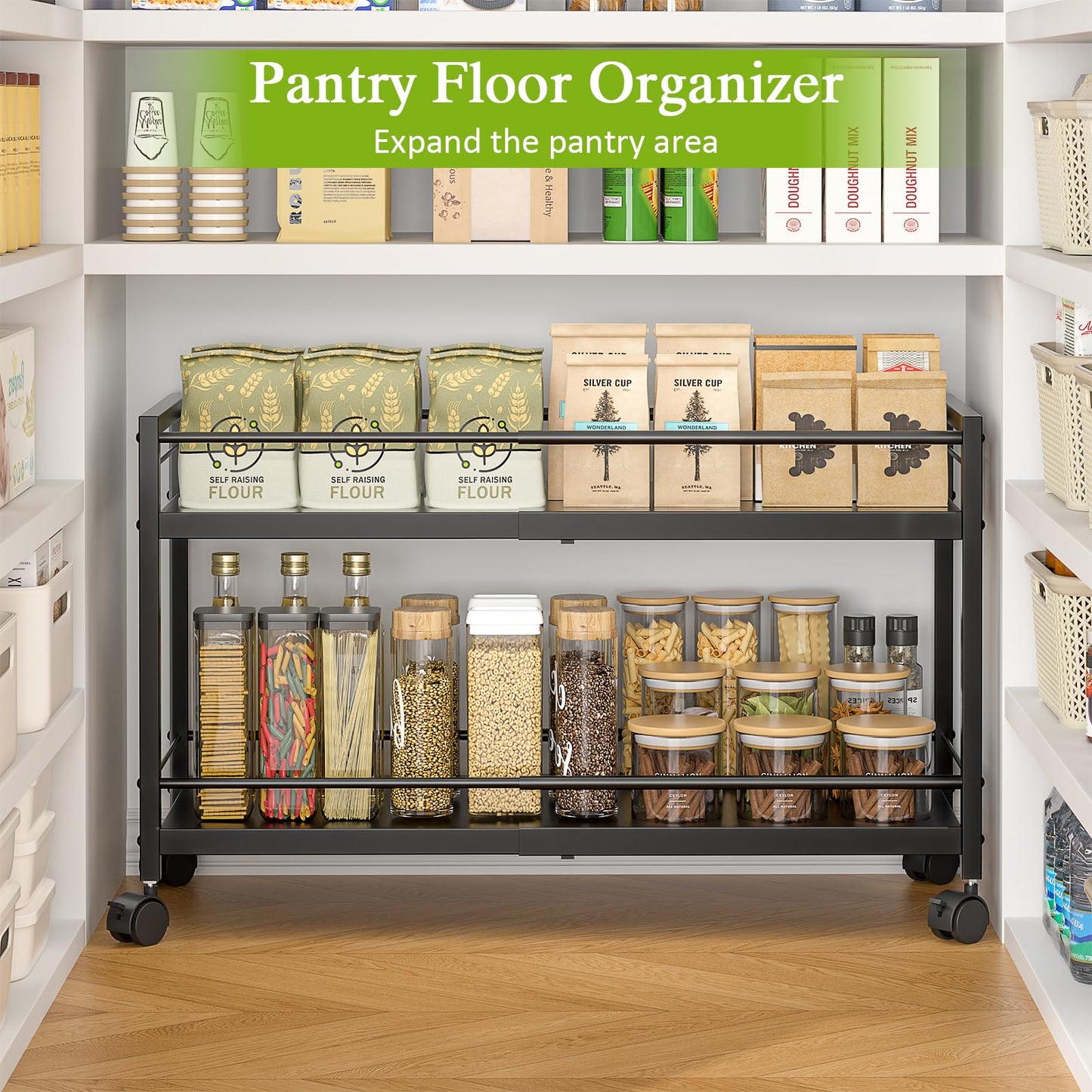 1 Pack 2-Tier Expandable Pantry Floor Organizer Cart, Rolling Pantry Storage Cart with Wheel, Adjustable Can Organizer for Kitchen Pantry, Pantry Shelves and Storage Rack for Snacks, Vegetables, Black