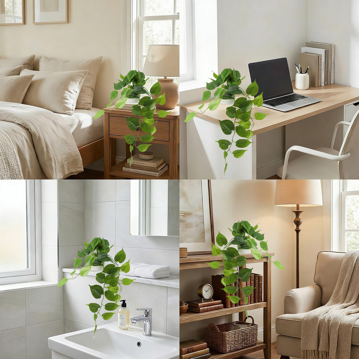 WucaFl Fake Pothos Hanging Plant – Artificial Plastic Ivy Vines with White Pot, Realistic Faux Greenery for Indoor Home Office Bathroom Shelf Cabinet Decoration