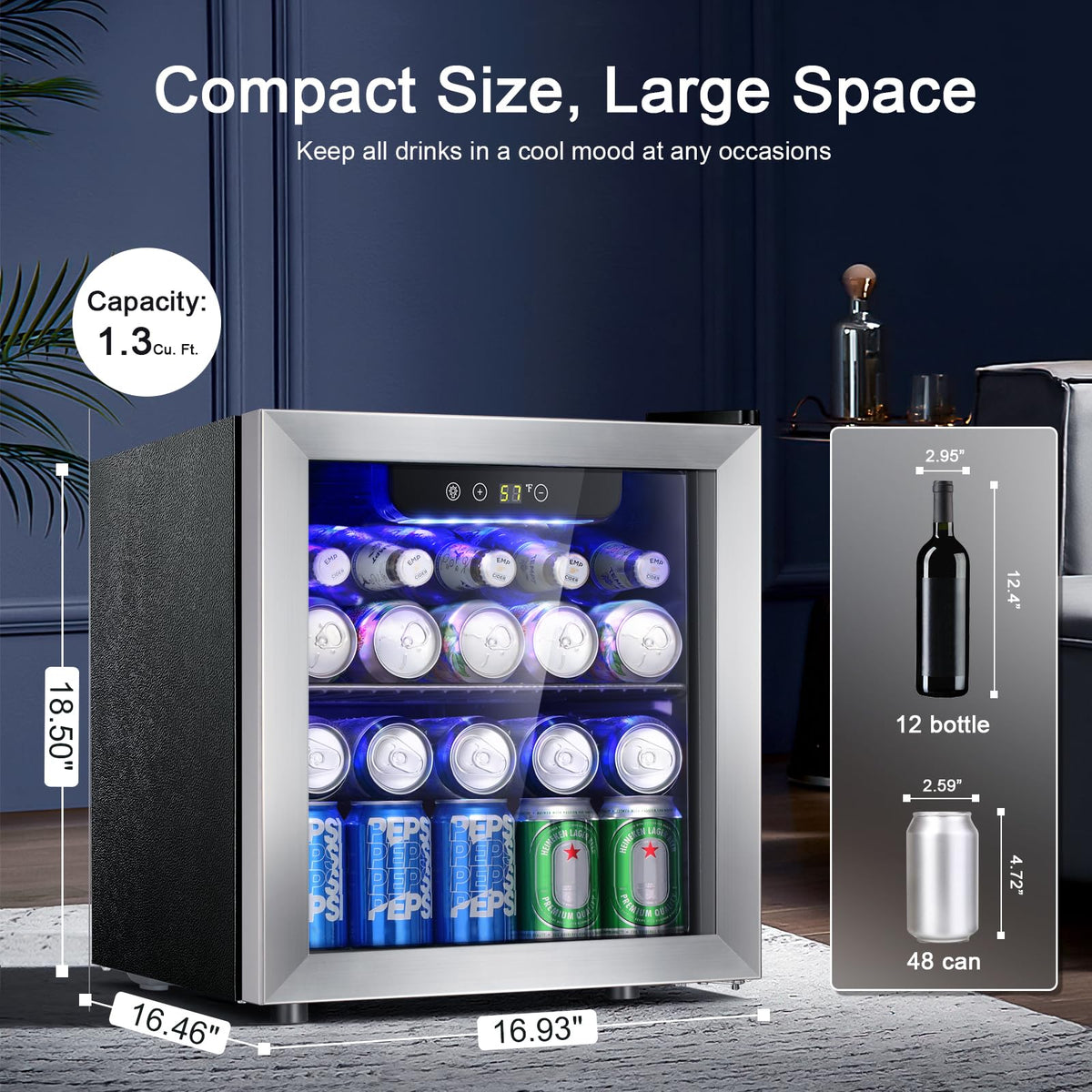 Antarctic Star 48 Can Beverage Refrigerator,12 Bottle Wine Cooler with Stainless Steel Glass Door, Digital Temperature Display,Electronic Temperature Control, Silver