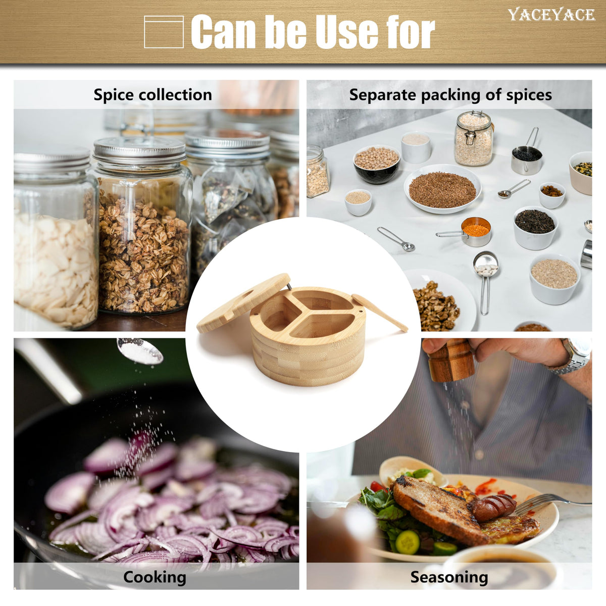 YACEYACE Bamboo Salt Cellar with Lid and Spoon, 9oz Small Salt and Pepper Containers, Bamboo Salt Containers for Countertop, Salt and Pepper Bowls
