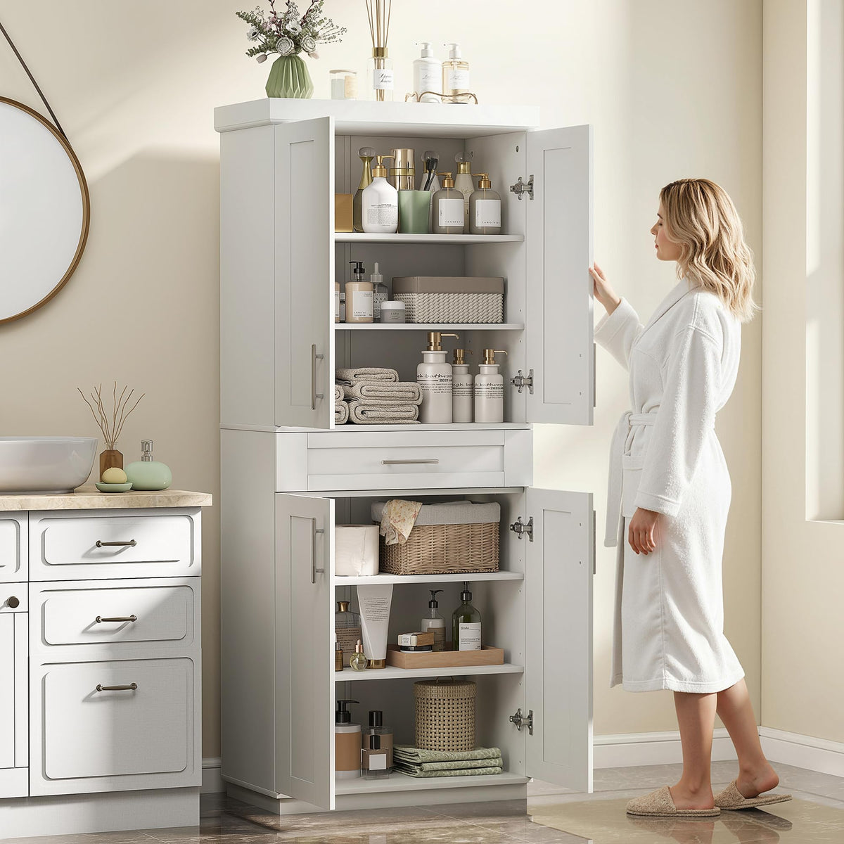 HOMCOM 72" Kitchen Pantry Cabinet, Freestanding Tall Storage Cabinet with 4 Doors, Drawer and 3 Adjustable Shelves for Dining Room, White