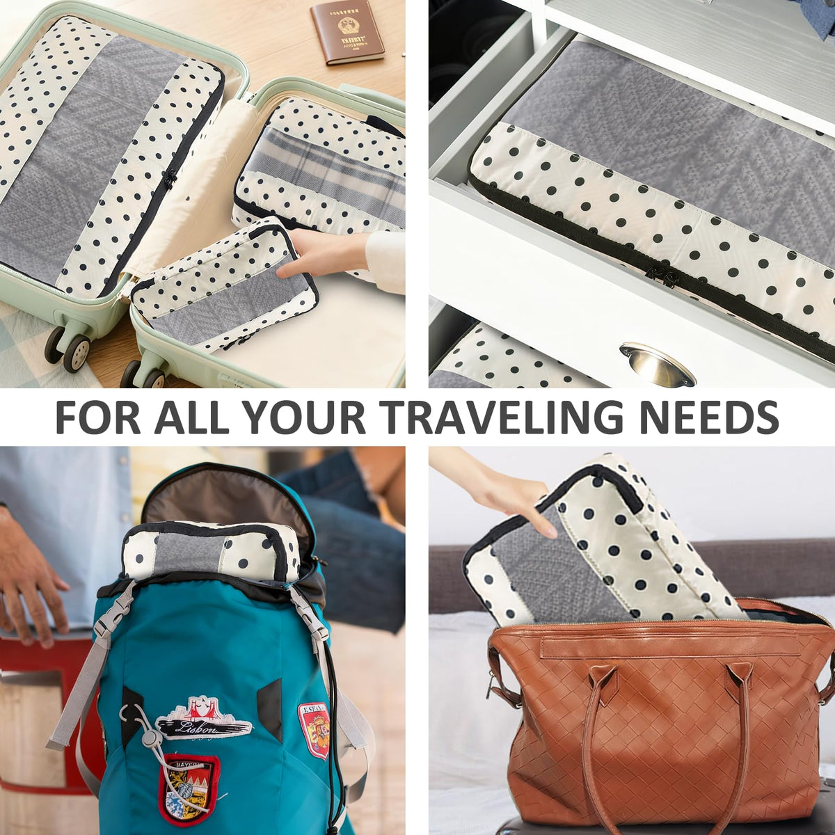U+U 5 Set Packing Cubes for Travel Essentials Ultralight Luggage Packing Organizers with Laundry Bag and Shoe Bag for Vacation, Business Trip and Camping (Polka Dot)