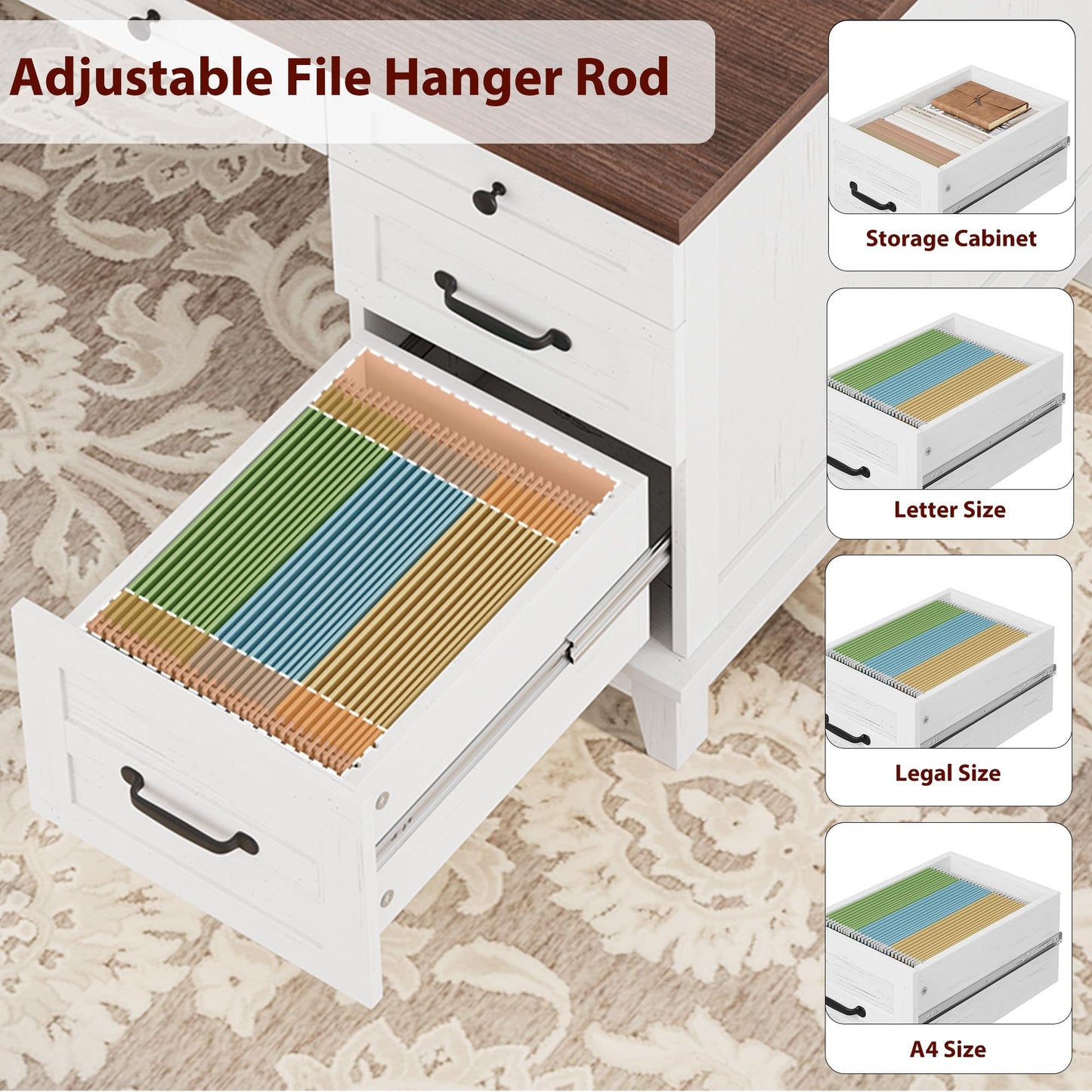 IDEALHOUSE Farmhouse Executive Desk 60 Inch, Wooden Home Office Desk with Adjustable Storage Cabinet, Built-in Charging Port, File Cabinet for Writing & Study, Elegant Workstation, Brownish White