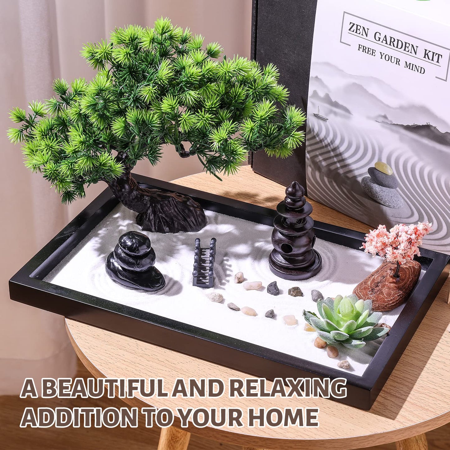 Zen Garden Kit for Desk Decor - Premium Beautiful Japanese Mini Sand Box Set Home, Office with Black Wooden Tray, White Sand, Rake Tools Desktop Meditation, Therapy and Accessories