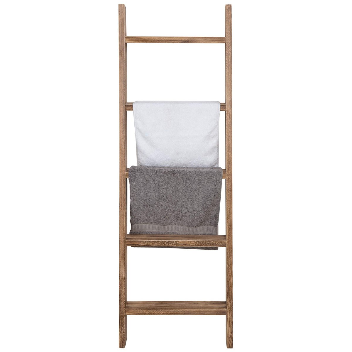 MyGift 4ft Tall Rustic Burnt Natural Wood Wall Leaning Blanket Ladder Shelf with 5 Rungs, Decorative Living Room Throw and Quilt Holder, Farmhouse Bedroom Decor