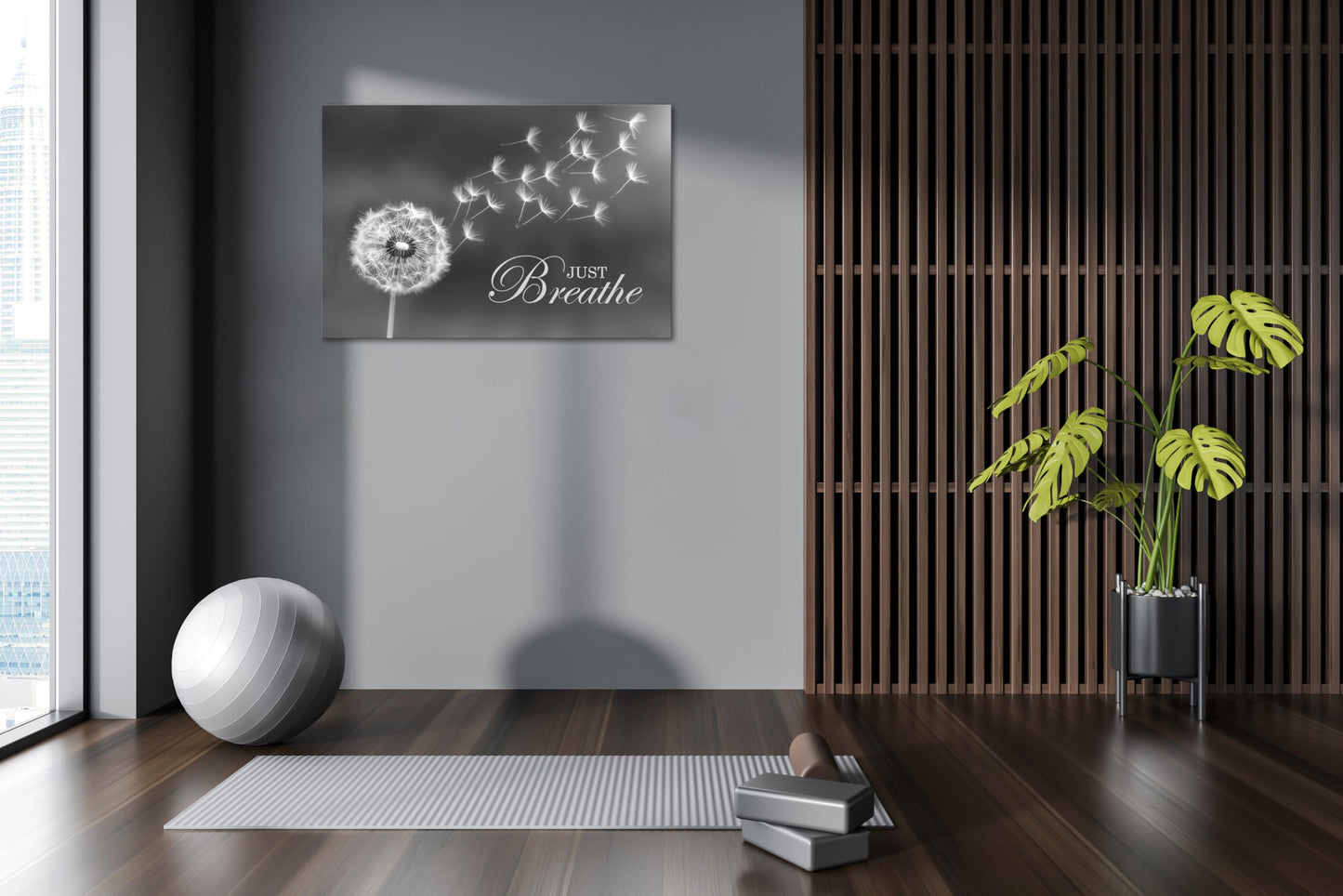 SKASNFAI Black and White Dandelion Zen Wall Art Canvas Just Breathe Motivation Positive Picture Art Print for Spa Yoga Meditation Wall Decor Ready to Hang (12L x 16W)
