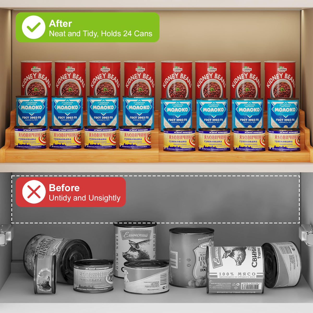Expandable Bamboo Can Rack Organizer for Pantry, 3-Tier Adjustable Can Storage Holder, Soda Organizer Holds Up to 24 Cans, Canned goods Storage Display for Pantry, Cabinet, Countertop (patent pending)