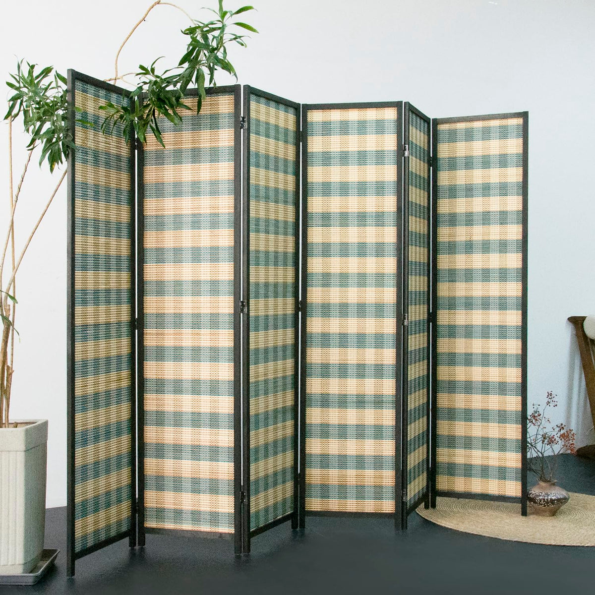 Furnnylane 6 Panel Bamboo Room Divider - 5.6 ft Tall (67" H x 94.5" W), Double-Sided Folding Privacy Screen in Blue Woven Stripe, No-Drill Freestanding Partition for Home Office & Bedroom