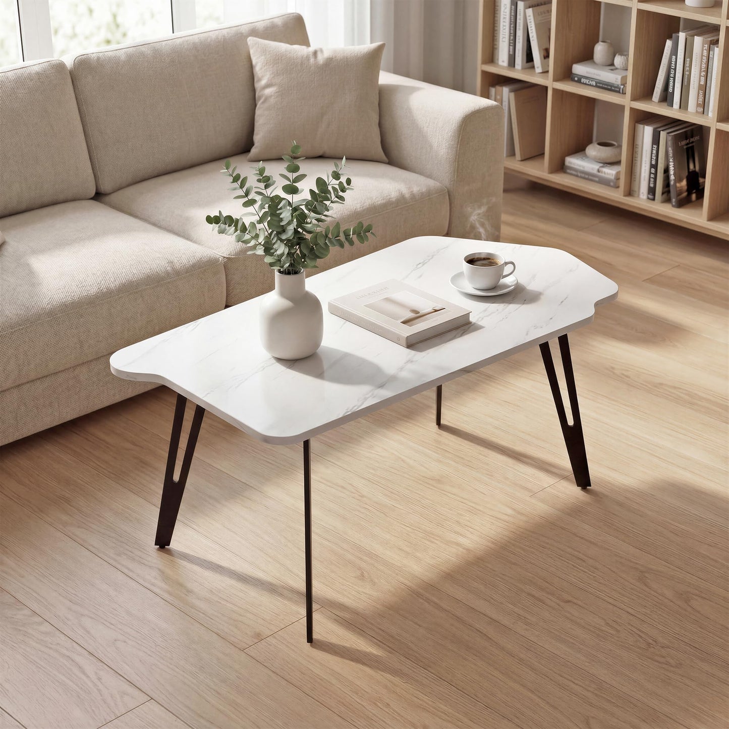 Manora Irregular Marble Pattern Coffee Table, Modern Small Center Table with Unique Shape Top, Faux Marble Wood Table for Living Room, Home Office, Apartment, Minimalist Accent Tea Table
