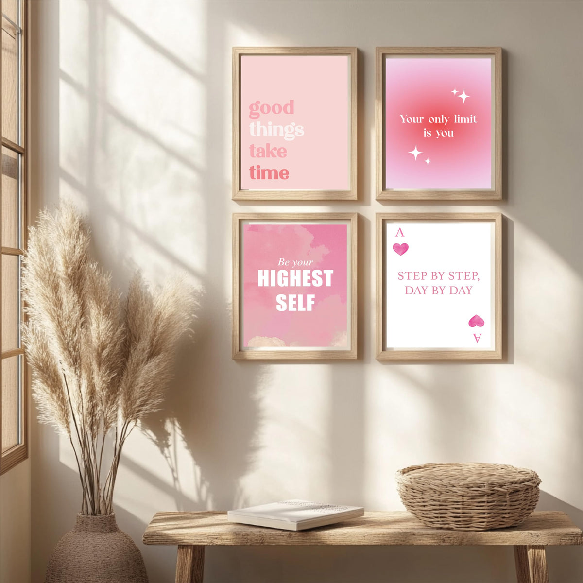 ImpressedCo Motivational Wall Art for Women - 4 Pcs Set Pink Aesthetic 8"x10" Poster Prints - Home Office Desk Inspirational Wall Decor Pictures for Adults Teens & Kids - Positive Mindset Affirmations Quotes Artwork for Bedroom (UNFRAMED)