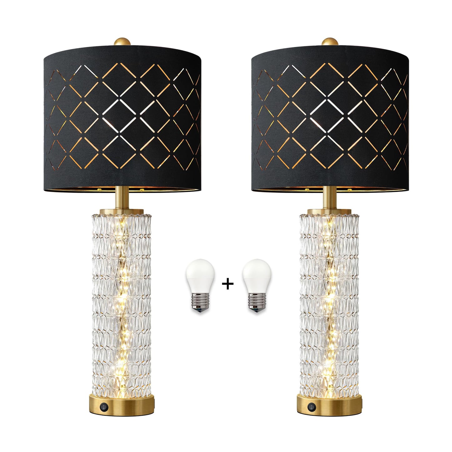 Oneach 27.75" Modern Table Lamps Set of 2, Gold Bedside Lamp with Crystal Nightlight, USB A+C, Black Grid Shade, Unique Desk Lamps for Living Room, Bedroom, Nightstand, End Table (2 Bulbs Included)