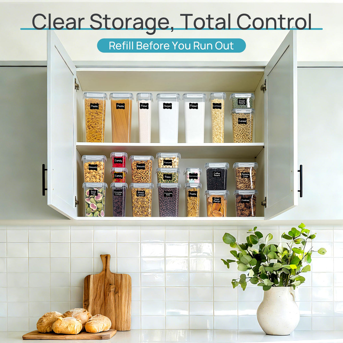 Vtopmart Airtight Food Storage Containers with Lids, 24 pcs Plastic Kitchen and Pantry Organization Canisters for Cereal, Dry Food, Flour and Sugar, BPA Free, Includes 24 Labels,Gray