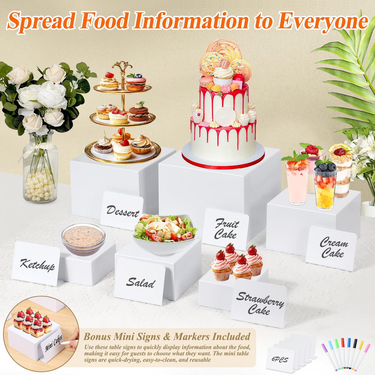 6 Pcs White Acrylic Buffet Risers with Mini Sign and Maker, Food Display Stands for Buffet Table Party Catering Dessert Jewelry Collectibles,Nesting Cube Boxes with Hollow Bottoms (8",7",6",5",4",4")