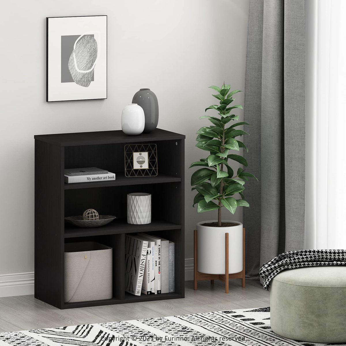 Furinno PASIR Book Shelf, 3-Tier Display Bookshelf with Adjustable Shelf, Cube Storage Bookcase, 11.8 x 23.6 x 28.2, for Living Room, Bedroom, Home Office, Black Oak