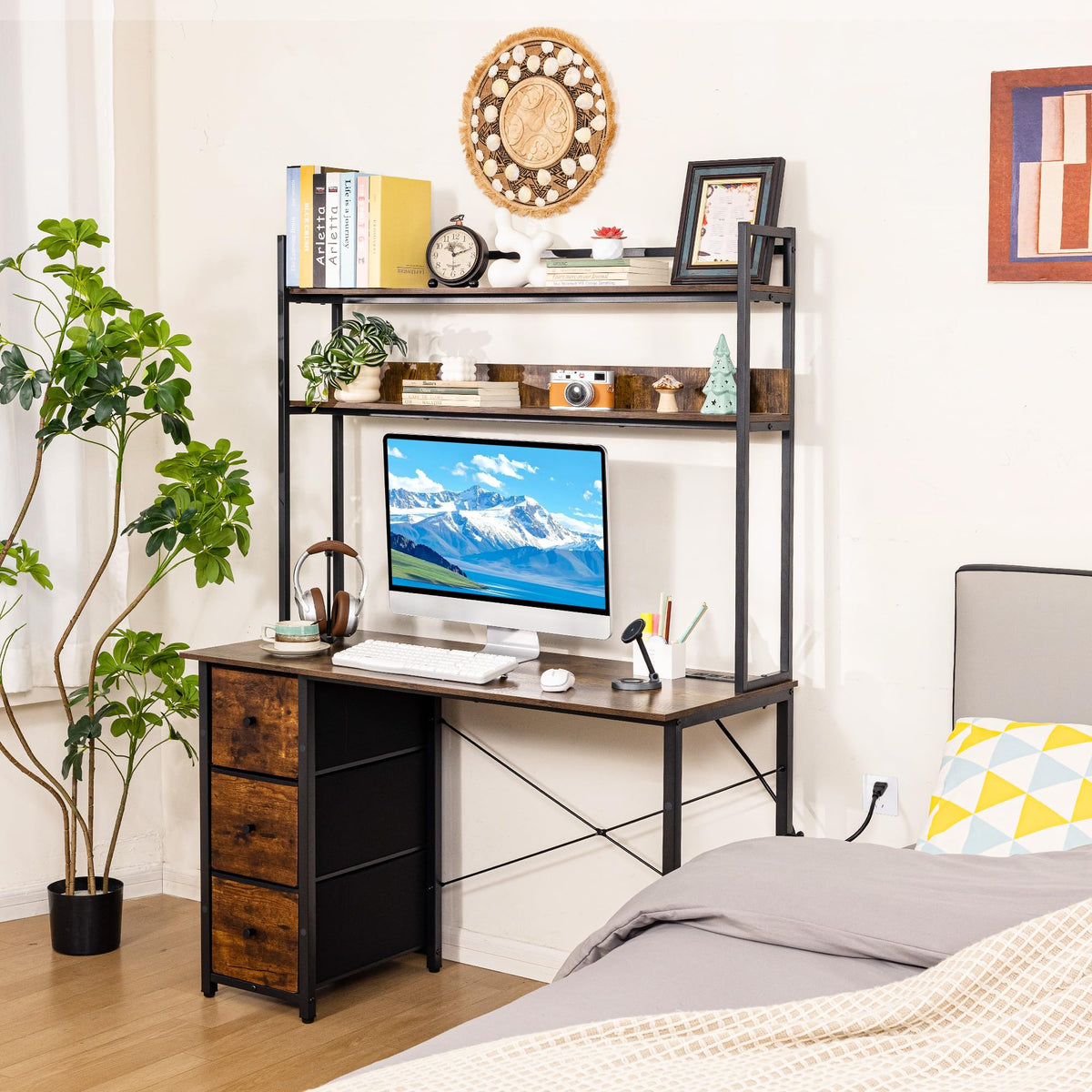 Aquzee Computer Desk with Drawers, 47 inch Desk Hutch, Gaming Desk with Storage Shelves, Power Outlets & Bookshelves, Study Writing Desks for Bedroom Living Room Home Office, Rustic Brown