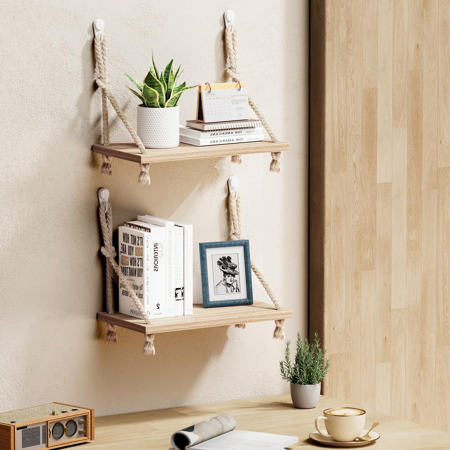 2 Pack Fabric Wall Cubicle Shelf, 11.8" Wooden Hanging Cubicle Shelf Organizer with Hooks, Dual Mounting Options, Cotton Rope Storage Shelf, No-Drill Boho Style for Office Cubicles & Desk Decor