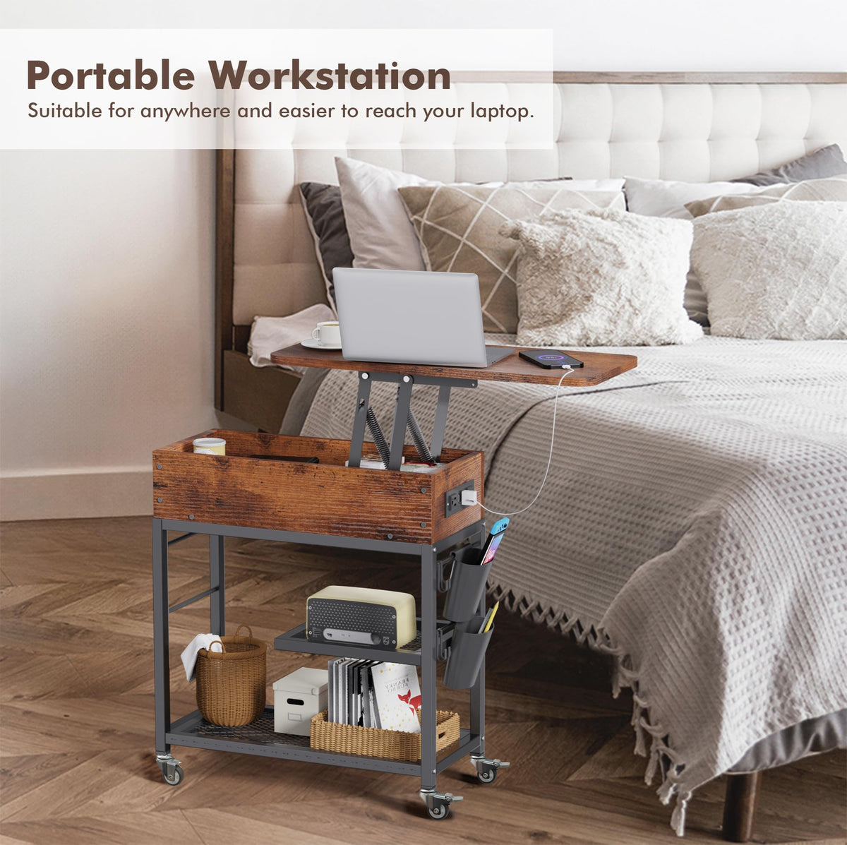 Colima Lift Top End Table with Charging Station and Wheels, Sofa Side Table with USB Port & AC Outlets, Movable Bedside Nightstand with Side Bag for Office Living Room Bedroom(Rustic Wood)