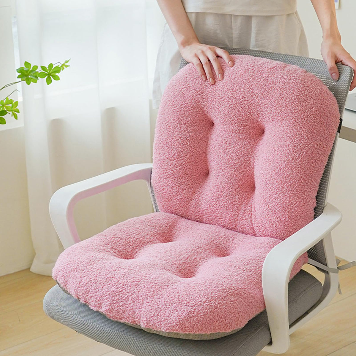 DSHFKLX Pink Chair Cushion Non-Slip Desk Chair Cushions with Back Support Soft Plush Office Seat Pad with Ties Rocking Chairs Cushion for Office Car Home Dining Room Kitchen