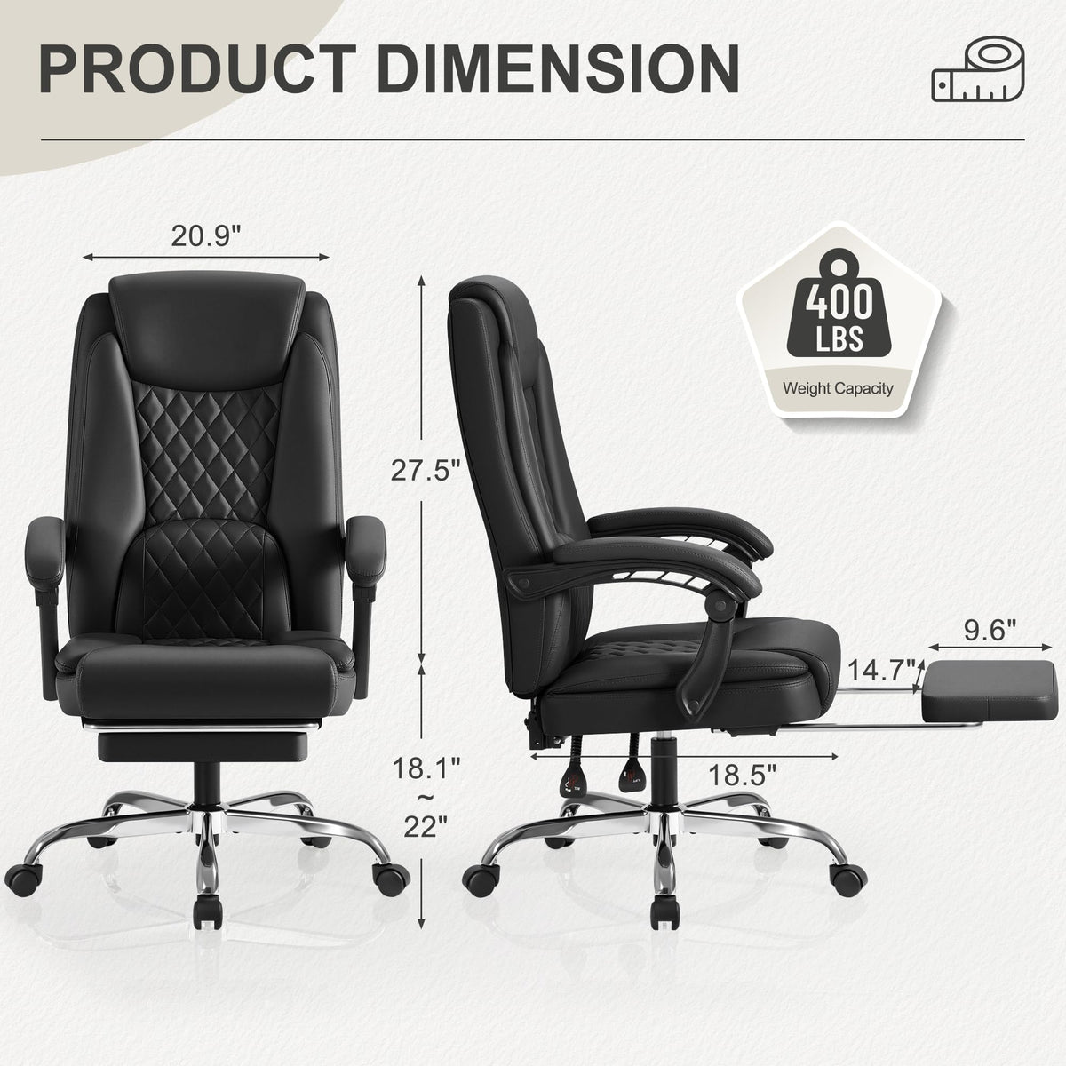 Homall Executive Home Office Chair with Lumbar Support,400lbs Adjustable Ergonomic High Back Office Chair Reclining Managerial Chair for Home Office (Black)