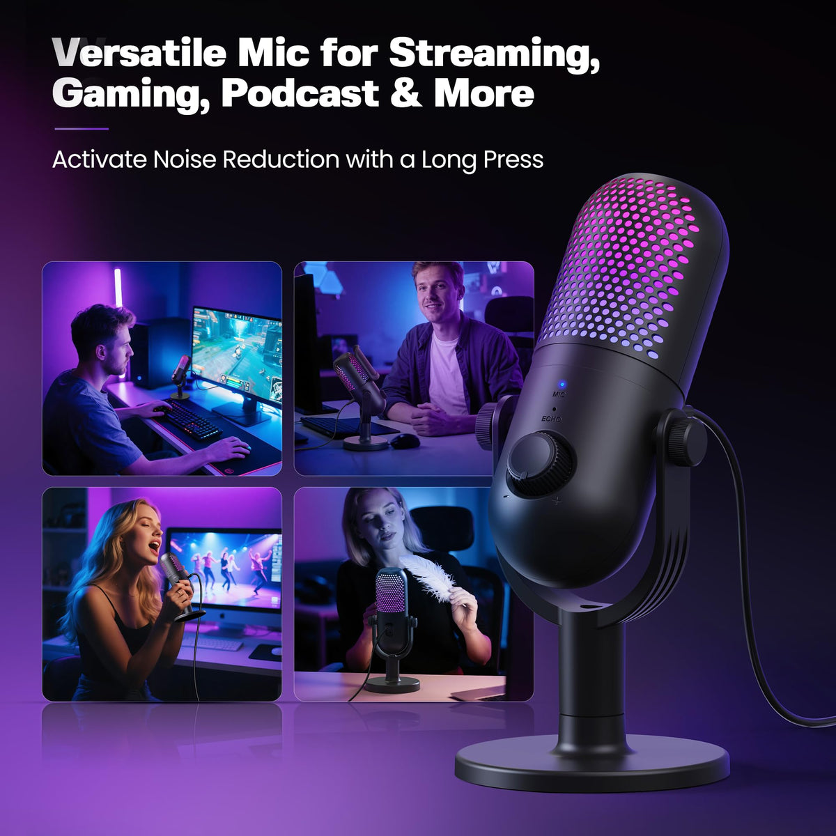 USB Microphone for PC Gaming: Condenser Microphone RGB for Gamer with Stand Mic - Recording Mic for Computer&Laptop with Qiuck Mute - Desk Podcast Mic for Podcast & Singing & Streaming & Youtube Black