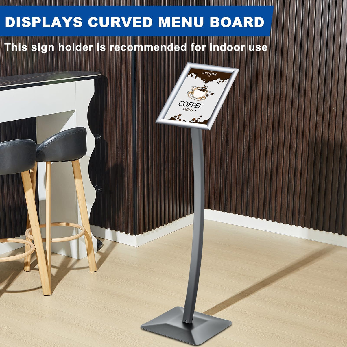 Adjustable Displays Curved Menu Board Heavy Duty Pedestal Sign Floor Standing Aluminum Front Loading Easy Open Poster Message Advertisement Holder for Restaurant Cafe Hotel(Silver,8.5 x 11 Inches)