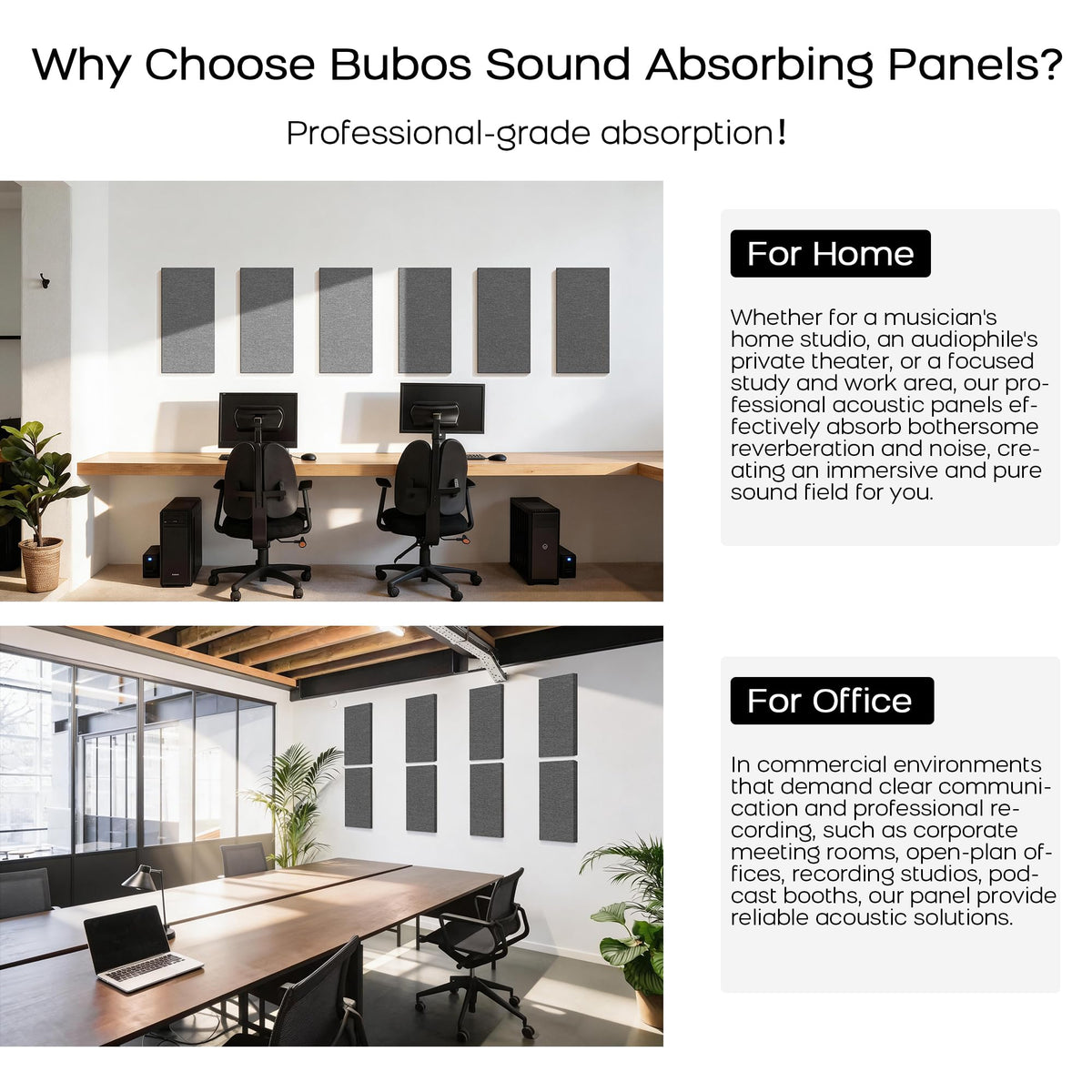 BUBOS 4 PCS Fabric Acoustic Panels, 23.6''x11.8''x1'' Self-Adhesive Soundproofing Panels for Home Studio, Office & Living Room, Sleek Design to Eliminate Echo,Fabric-Clad Grey