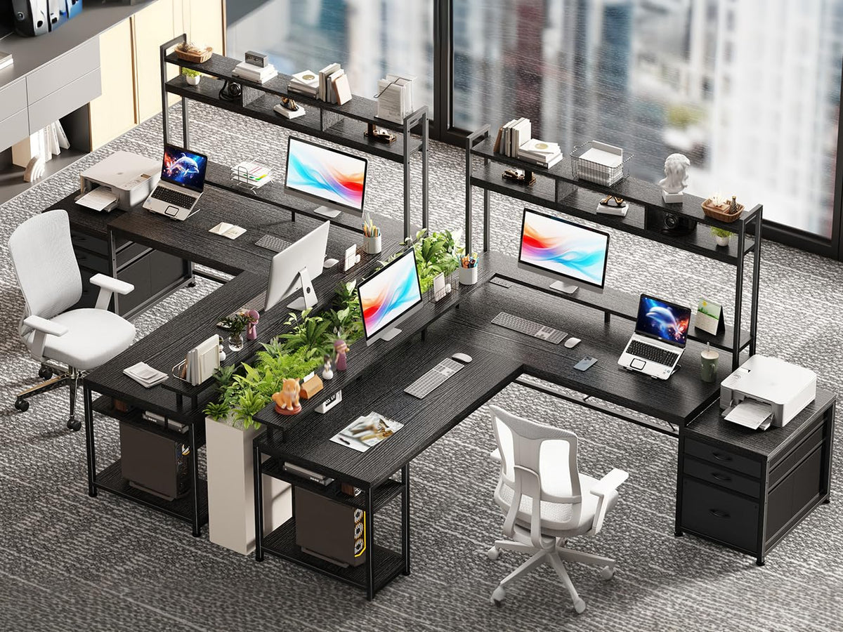EnHomee104''Gaming Desk with Hutch and Drawers, Reversible L Shaped Desk with Power Outlet & Monitor Stand & LED Lights, Computer Corner Desk, Two Person Desk of 3 monitors for Living,Gaming,Black