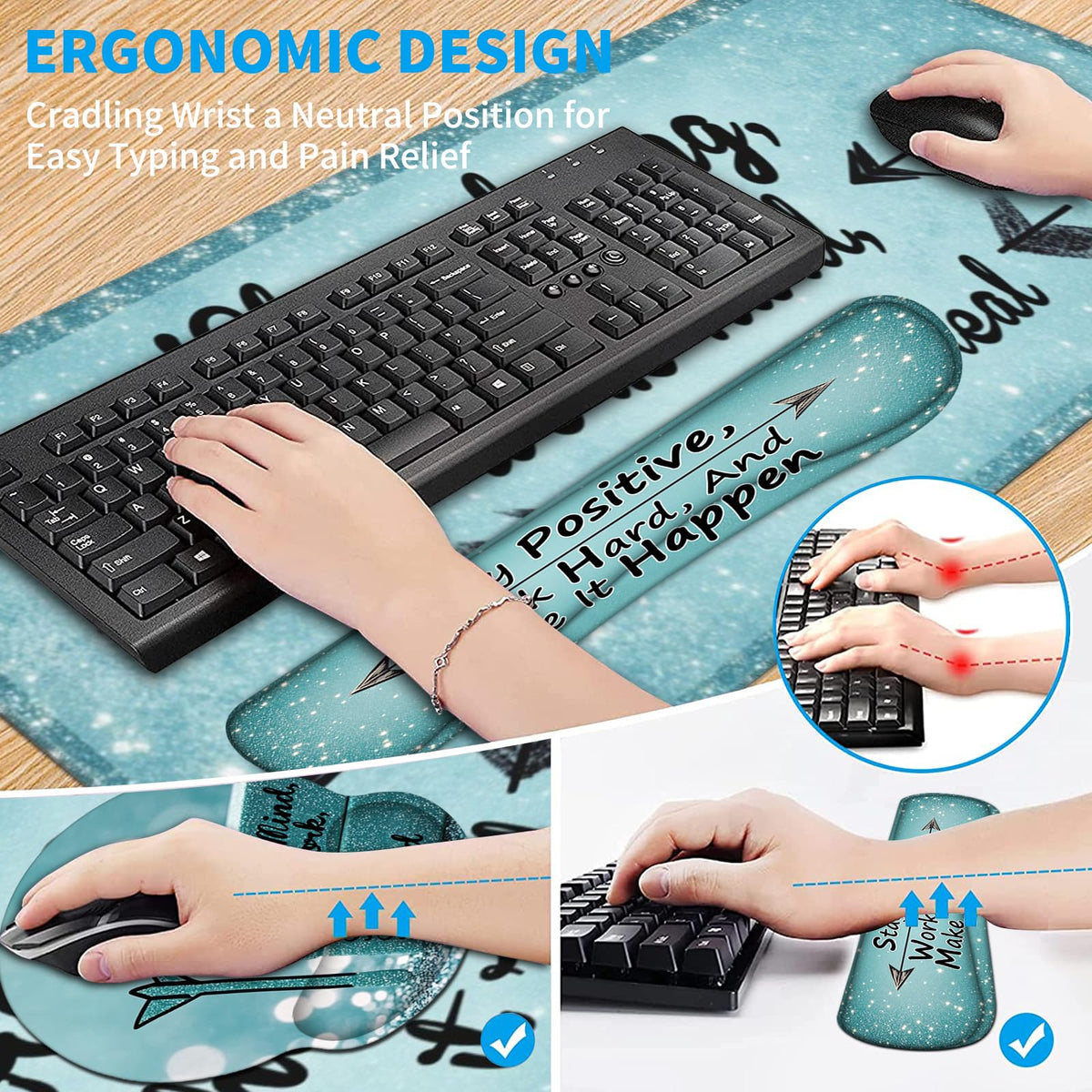 AQQA Desk Mat Desk Pad,5in1 XXL Mousepad + Keyboard Wrist Rest+Mouse Wrist Rest+Coaster Set with Ergonomic Desk Pad for Home Office Desk Accessories Decor Supplies,Stay Positive