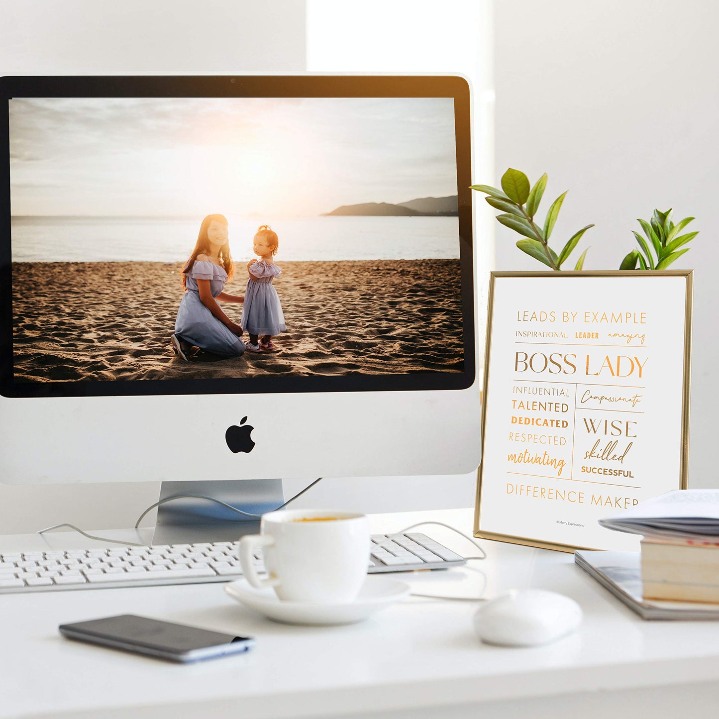 Merry Expressions Boss Lady Desk and Wall Art with Metal Frame - Office Décor, Boss Lady Gift with Quote - Gold 12" x 9"