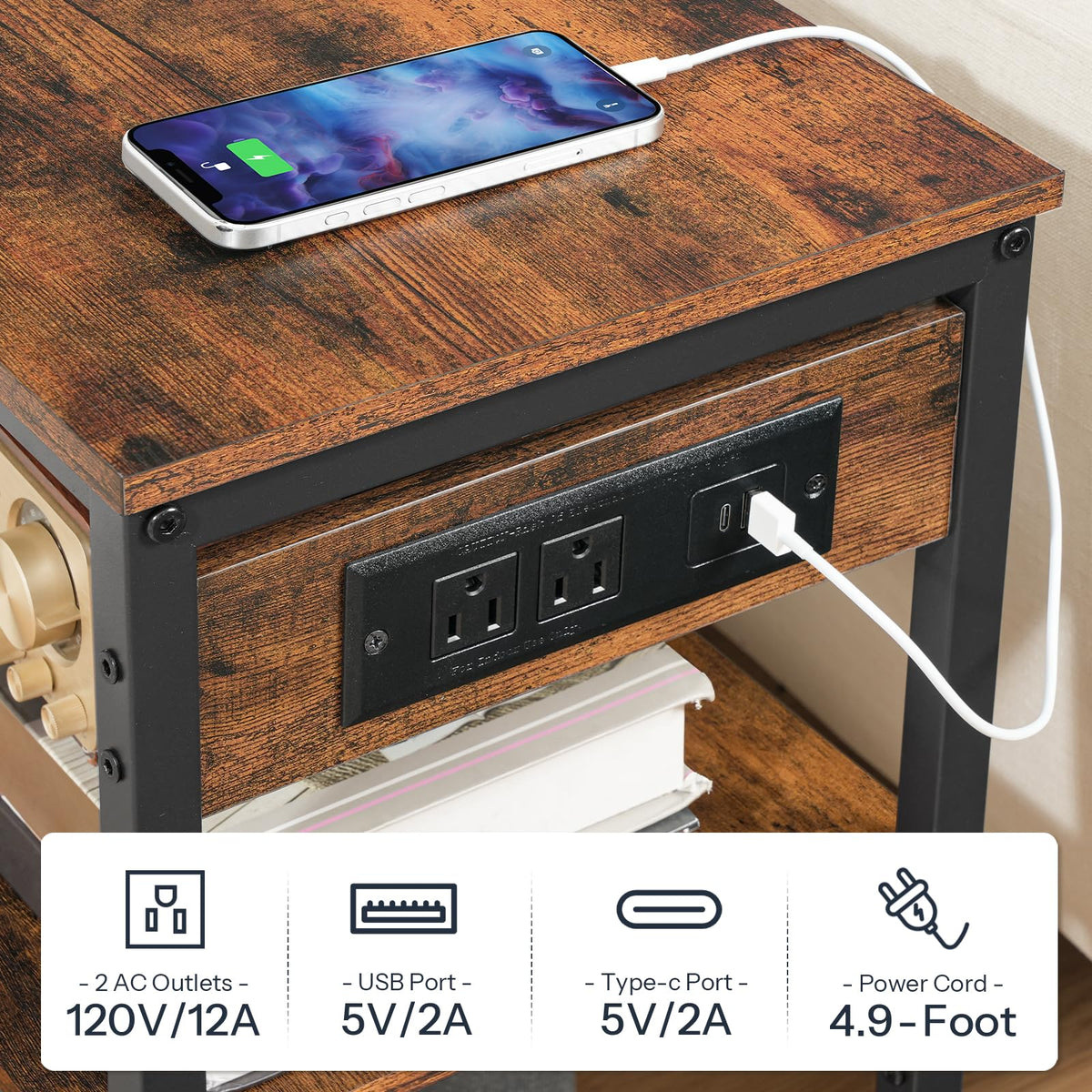 HOOBRO End Table with Charging Station, Simple Rustic Side Table with 3-Tier Storage Shelf, Narrow Nightstand for Small Spaces, for Living Room, Industrial Design, Rustic Brown and Black BF149UBZ01