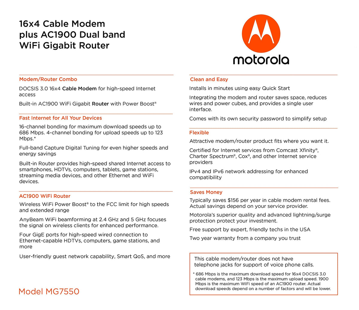 Motorola MG7550 16x4 Cable Modem Plus AC1900 Dual Band WiFi Gigabit Router with Power Boost and DFS, 686 Mbps Maximum DOCSIS 3.0 - Approved by Comcast Xfinity, Cox, Charter Spectrum, More (Black)